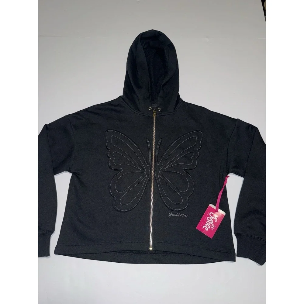 Justice Butterfly Full Zip Hoodie Black Girls Large 12/14 NWT